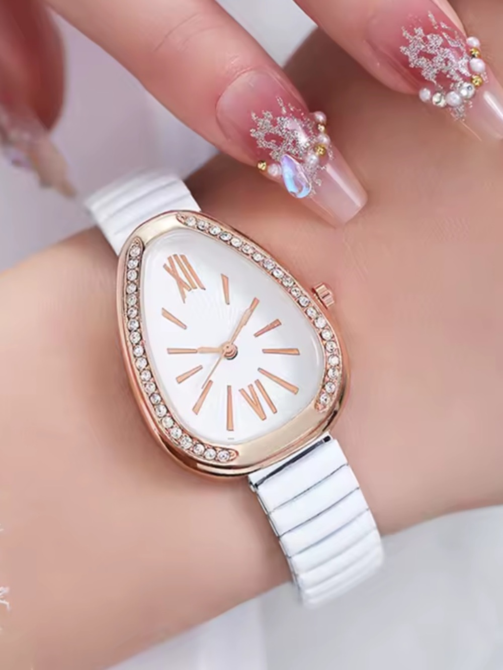 Kohl's White Women's Teardrop Watch with Rose Gold Crystal Bezel